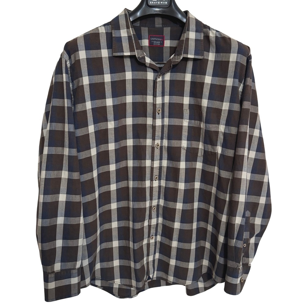 Untuckit Button Down Shirt Mens 3XL flannel Plaid Casual brown white outdoor
